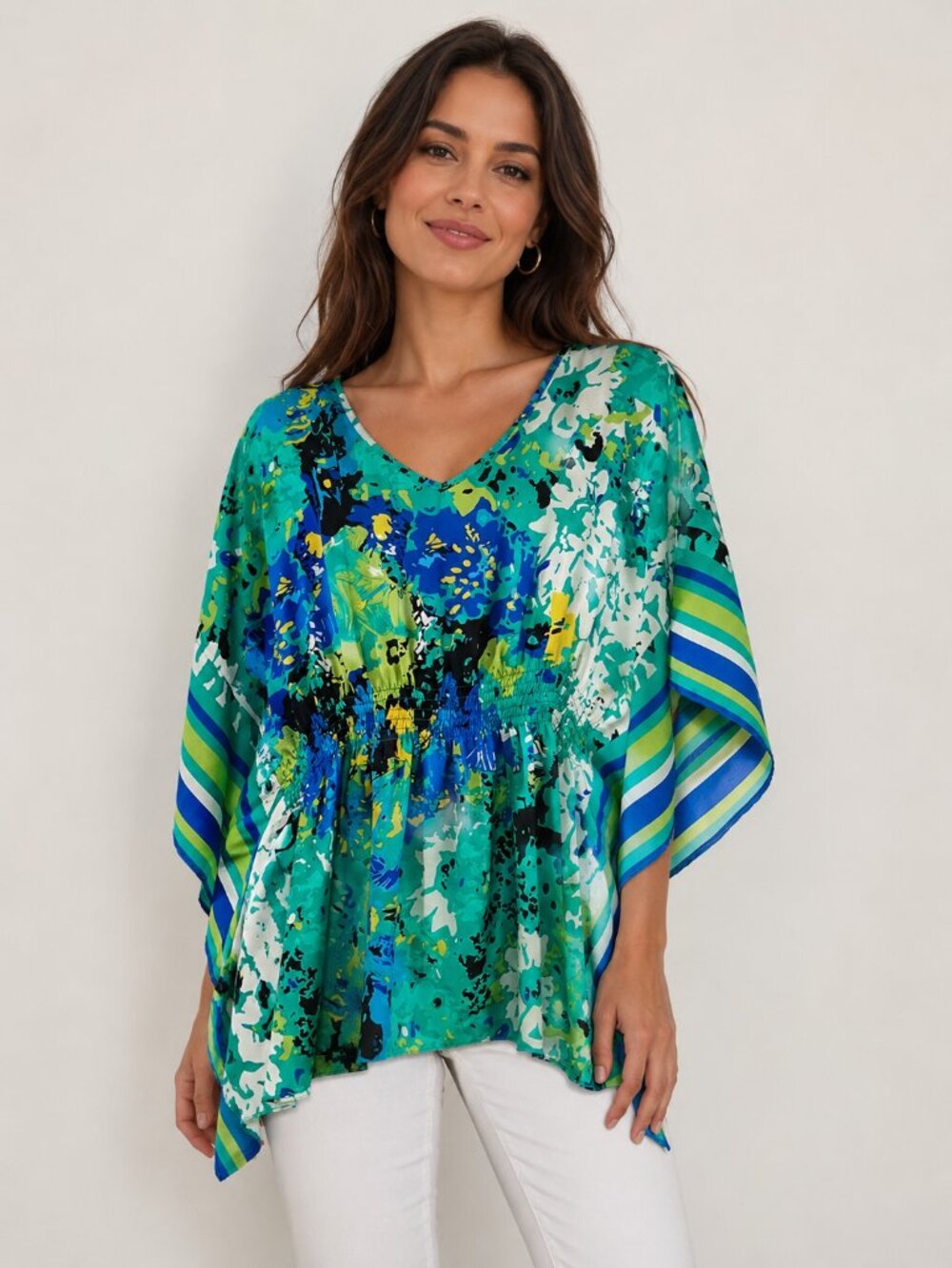 Lane Bryant 14/16 Tropical Floral Kimono Sleeve Blouse Blue Green Abstract Print